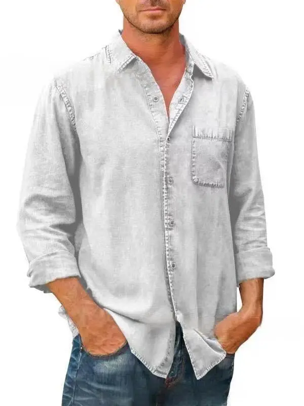 Spring Autumn Men Shirts Cotton Denim Long Sleeve Casual Solid Color Laple Shirt Mens Fashion Vintage Jeans Shirt Tops