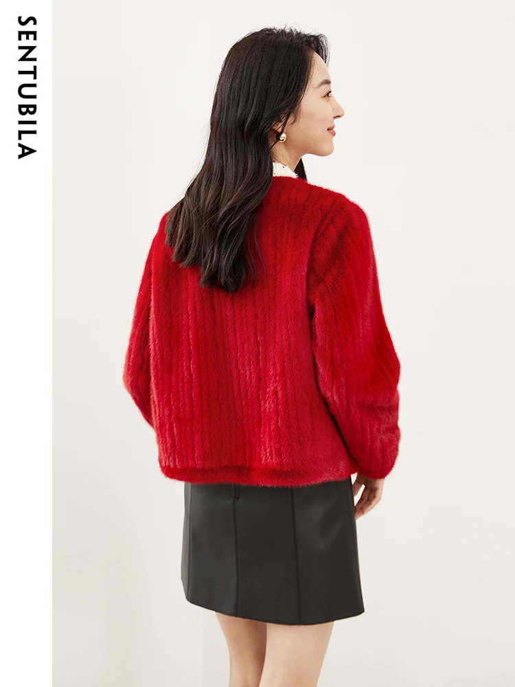 SENTUBILA Women's Imitation Rabbit Fleece Jacket 2023 Autumn Winter Elegant Crew Neck Double-breasted Plush Short Coat W34W50108