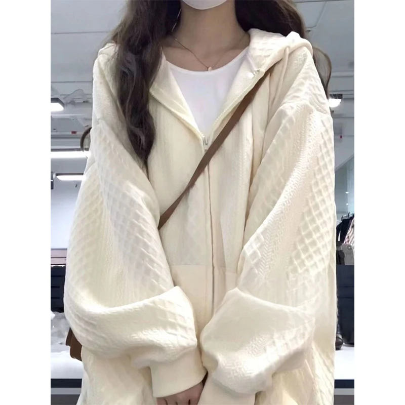 

Ladies Waffle Hooded Sweatshirt 2024 New Spring Girls Long Sleeved Zipper Texture Thin Jacket Casual Loose Lazy Style Cardigan