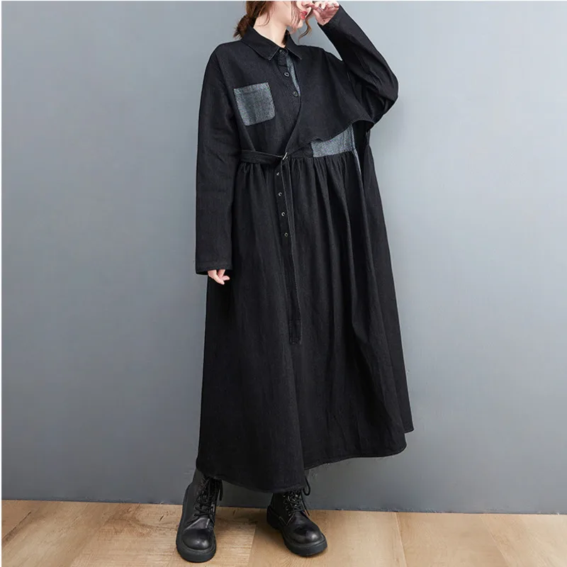 

#2162 Autumn Winter Black Denim Shirt Dress Women Long Sleeve Loose Irregular A-line Jeans Dress Polo Neck Vintage Spliced Color