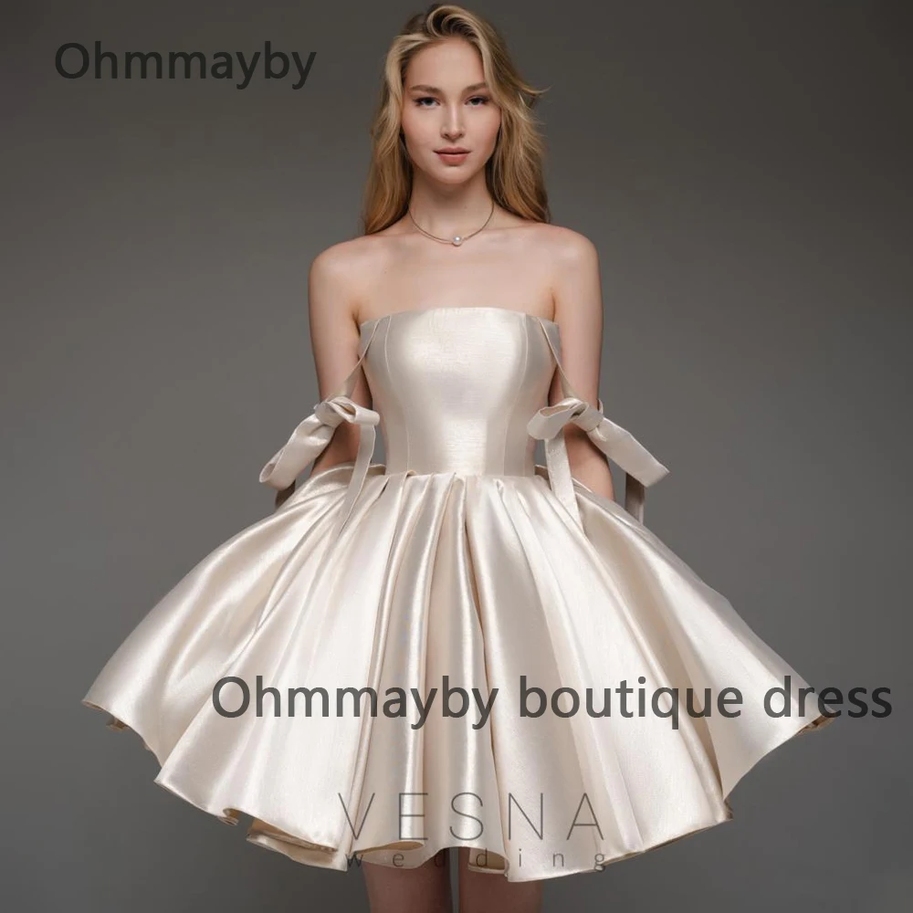 

Champagne Short Prom Dresses for Teens 2024 Sparkly Satin Homecoming Party Dress with Bow Pockets Sweetheart Evening Gown