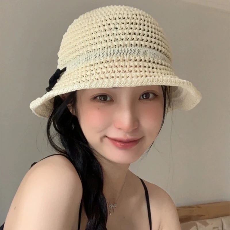 Hot Sale Korean Bow Sweet Bucket Hats New Women Casual Sunshade Hollow Out Versatile Travel Breathable Fashion Elegant Fisherman_mkmklike.com