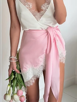 Loose Satin Mini Dress Women O Neck Long Sleeves Lace Patchwork Straight Vestidos Female 2026 Spring Summer Chic Solid Dresses 1