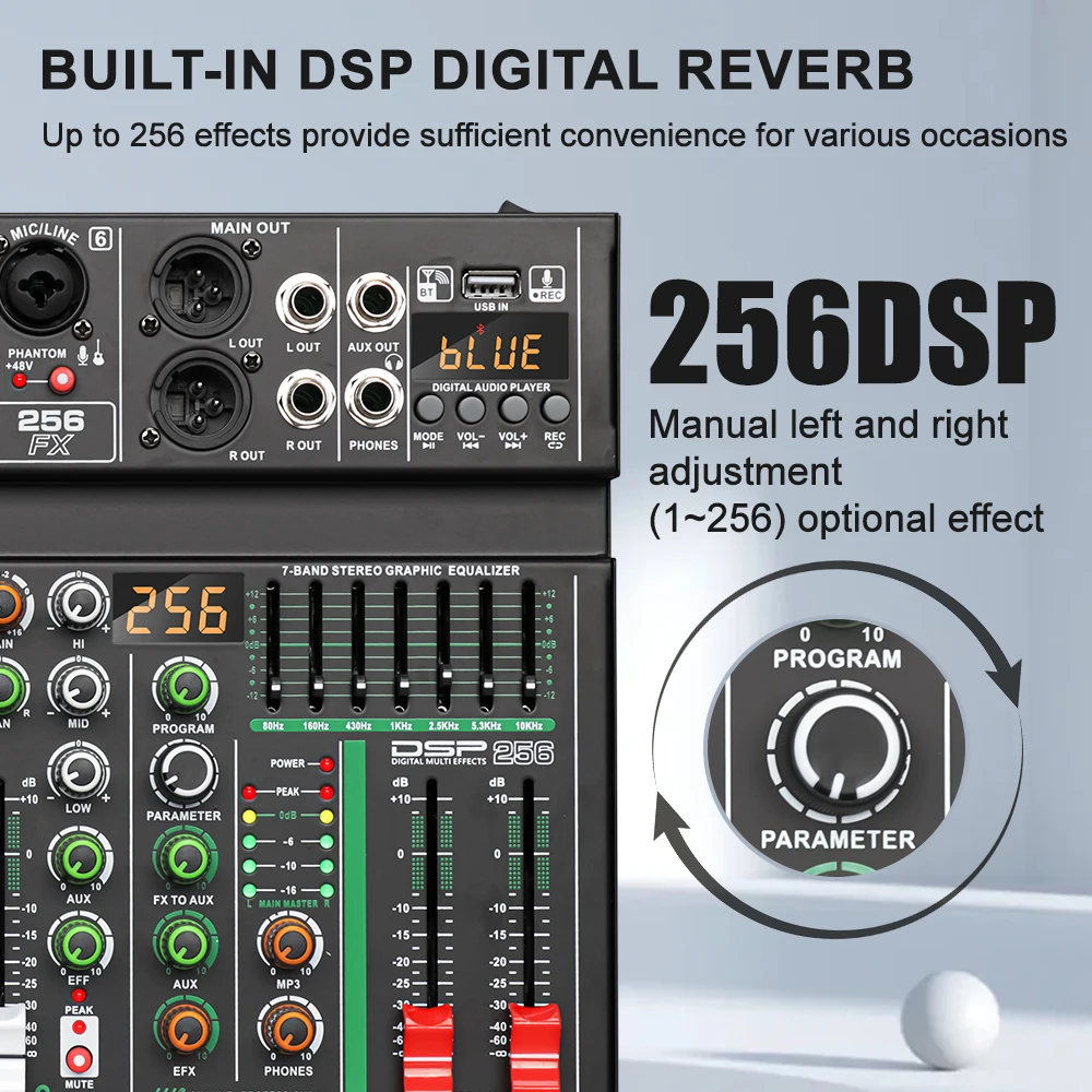 Audio Mixer LEUS AU6 Channel 256 DSP Effect Audio Mixer Record PC 48V Phantom Power USB Sound Mixers Bluetooth DJ Console Mixing for Karaok
