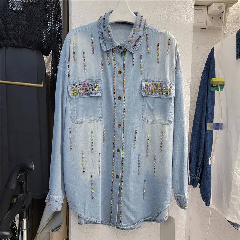 

Heavy Industry Nail Bead Color Diamond Denim Shirt Women's 2023 New Cotton Loose Lapel Single Breasted Denim Shirt Free Shipping