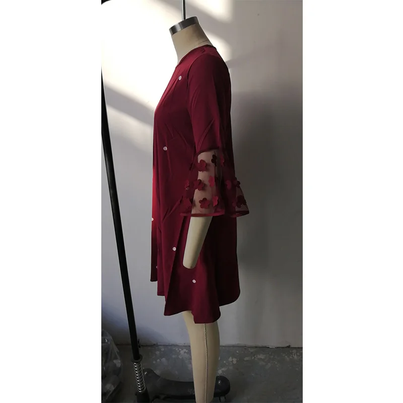 Fashion Solid Patchwork Wave Point A-line Skirt Spring Summer Elegant O-Neck Net Yarn Three Quarter Sleeve Loose Plus Size Dress