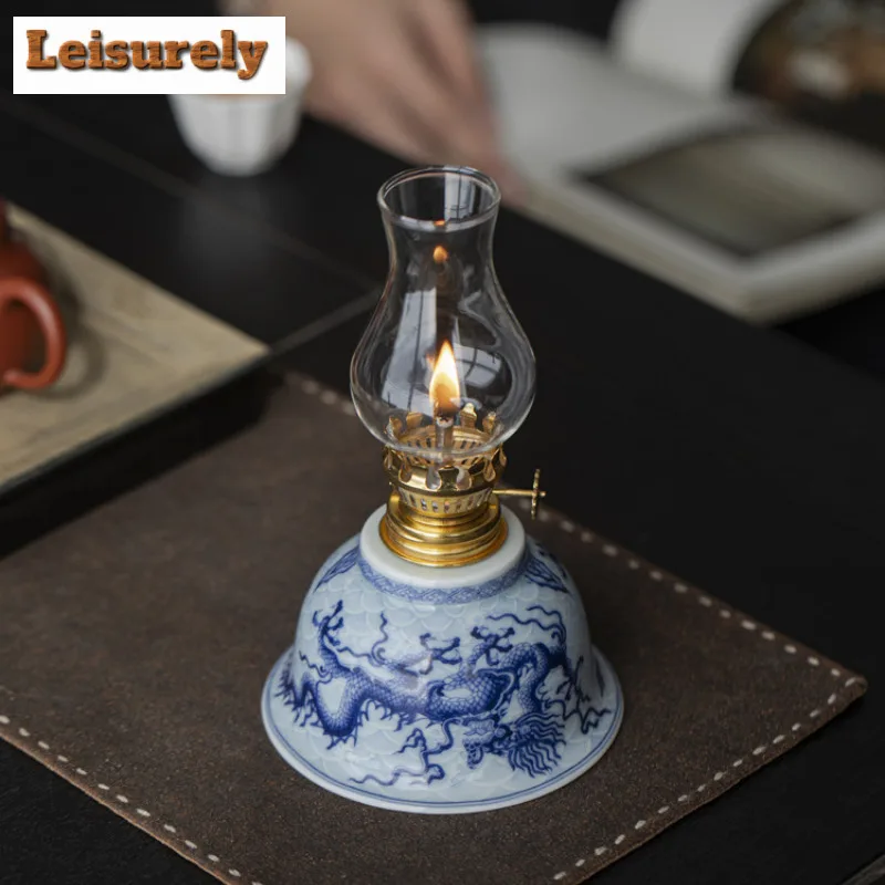 Wood Ash Ceramic Butter Lamp Chinese Nostalgic Kerosene Lamp Household Interior Atmosphere Lamp Retro Tea Ceremony Decoration
