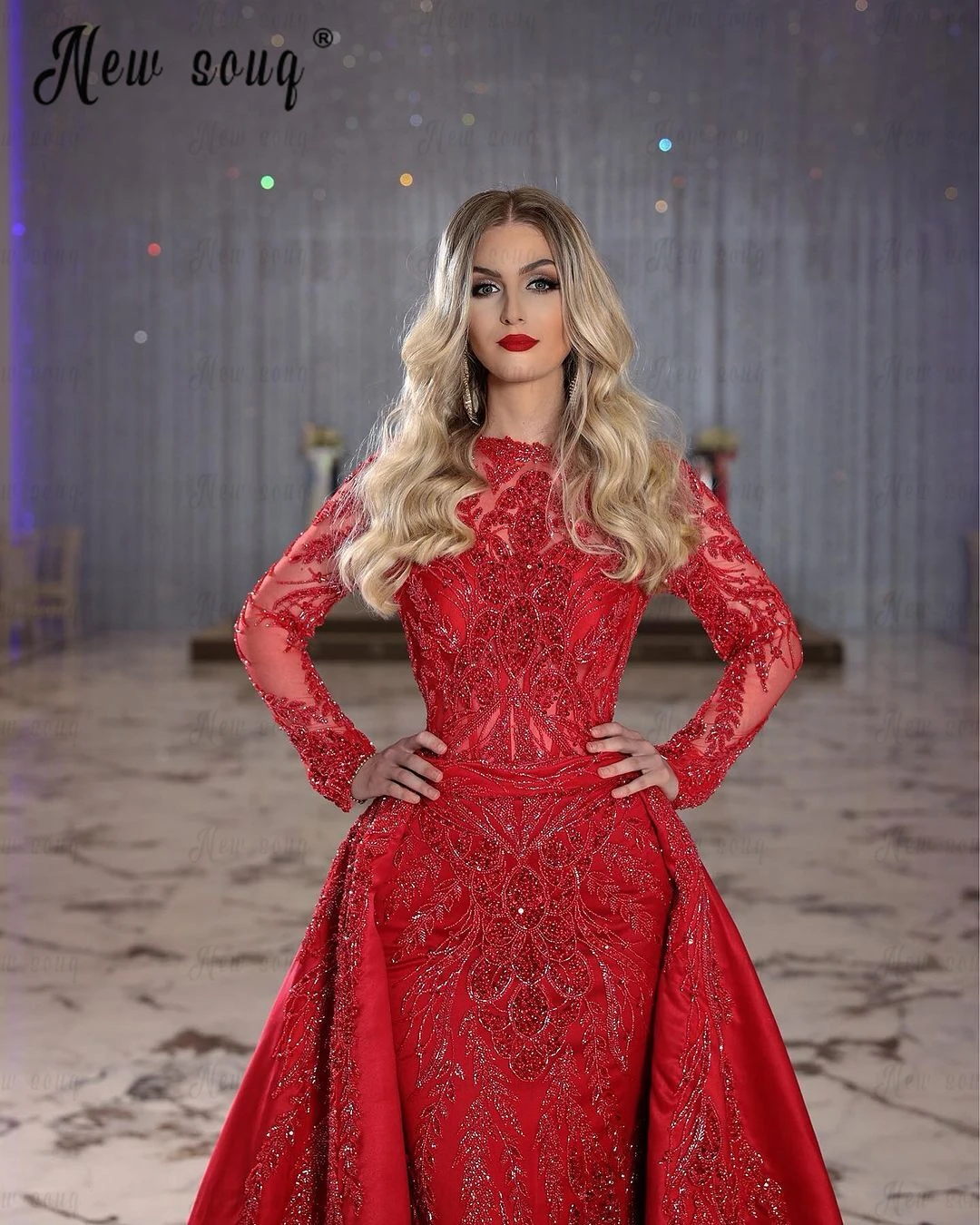 Najnowsza czerwona suknia wieczorowa na Bliskim Wschodzie Plus rozmiar dubajska sukienka zaręczynowa szlafrok z długim rękawem de Mariée 2024 luksusowa suknie na bal maturalny z koralikami