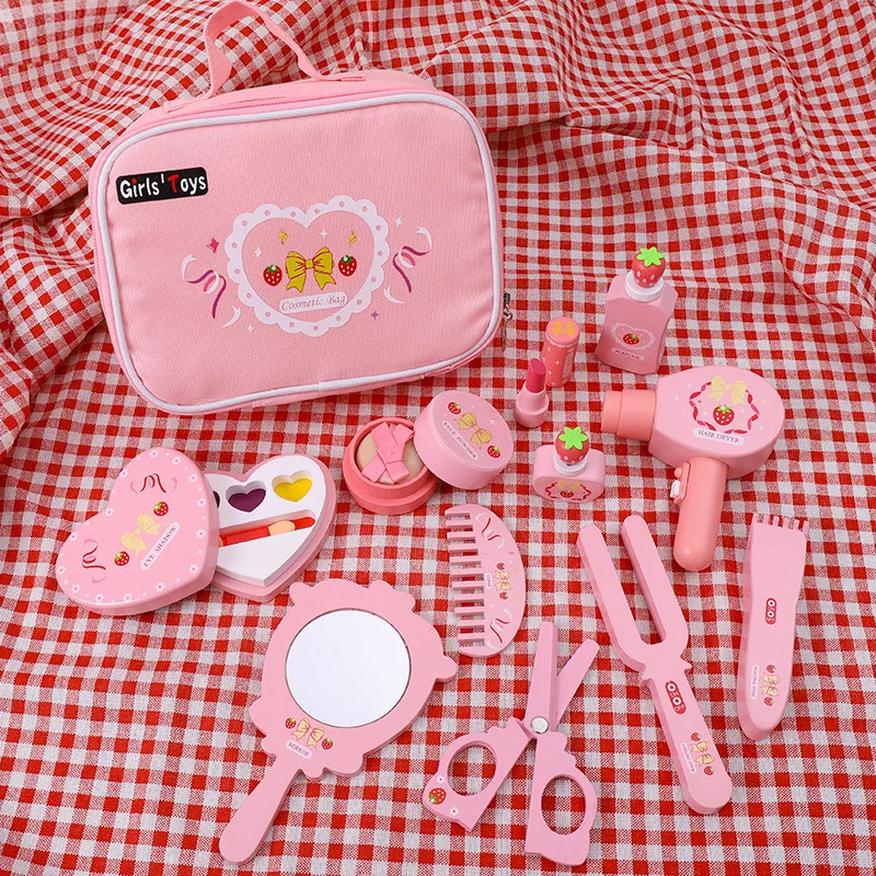 Children Wooden Play House Toys Pink Makeup Bag Simulation Girl Make Up Set Dressing Table Cosmetics Toys Birthday Gift