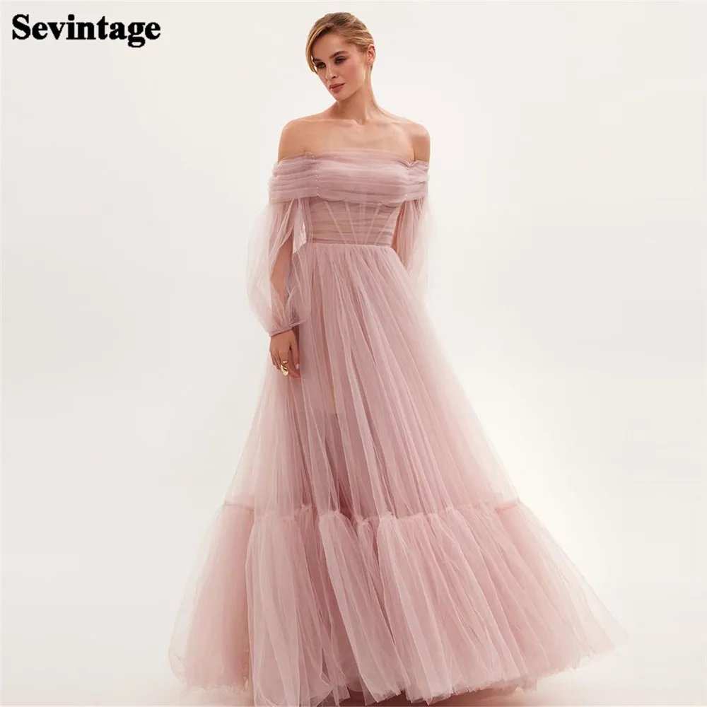 

Sevintage Elegant Baby Pink Prom Dress Tulle A-Line Off The Shoulder Tiered Ruched Formal Evening Dress Floor Length Party Gown