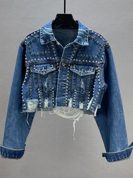 Womens Denim Jacket 2024 Spring Summer New In Heavy Industry Rivet Studded Jean Jacket Women Worn Nail Bead Jean Jacket Top 1