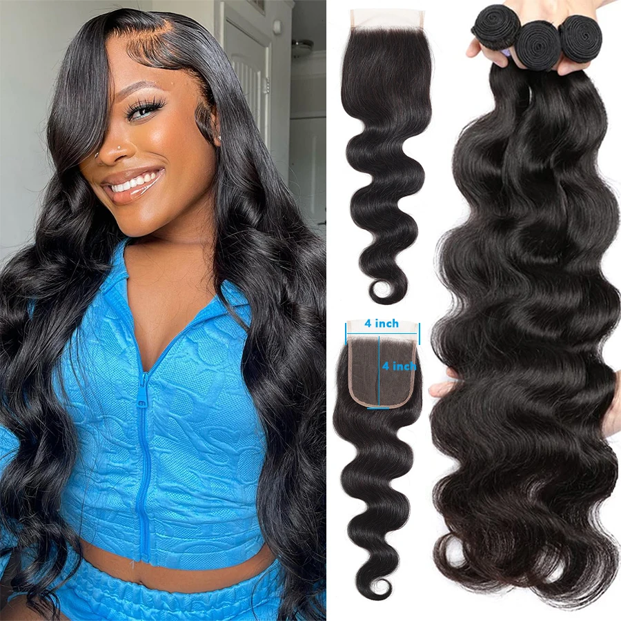 

Brazilian Body Wave Human Hair 3 4 Bundles With 4x4 Lace Closure Transparent Lace Hair Bundle Extensions For Black Women
