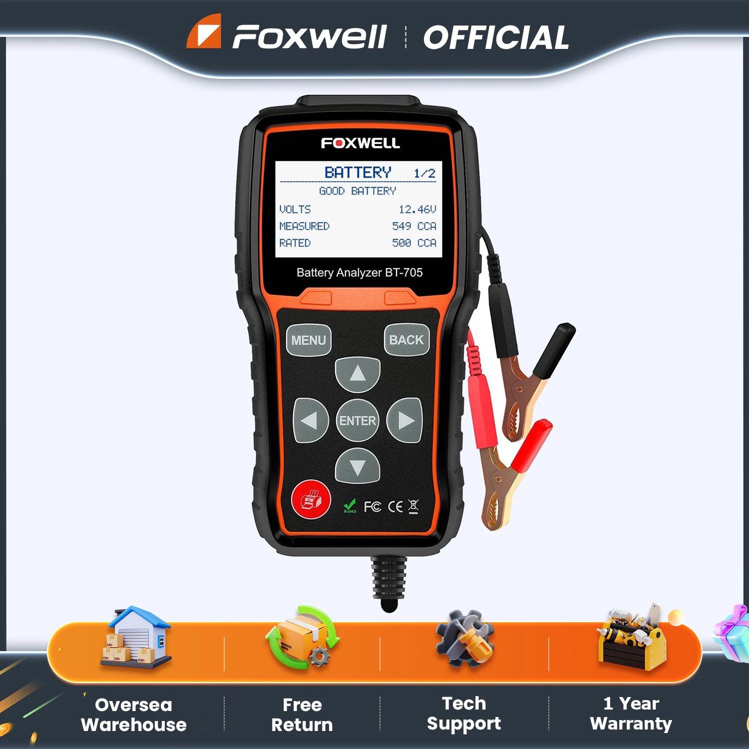 FOXWELL BT705 12V Battery Tester 24V Truck Cranking Charging System Test Automotive 100-2000CCA Battery Load Tester Analyzer — Color: PURPLE