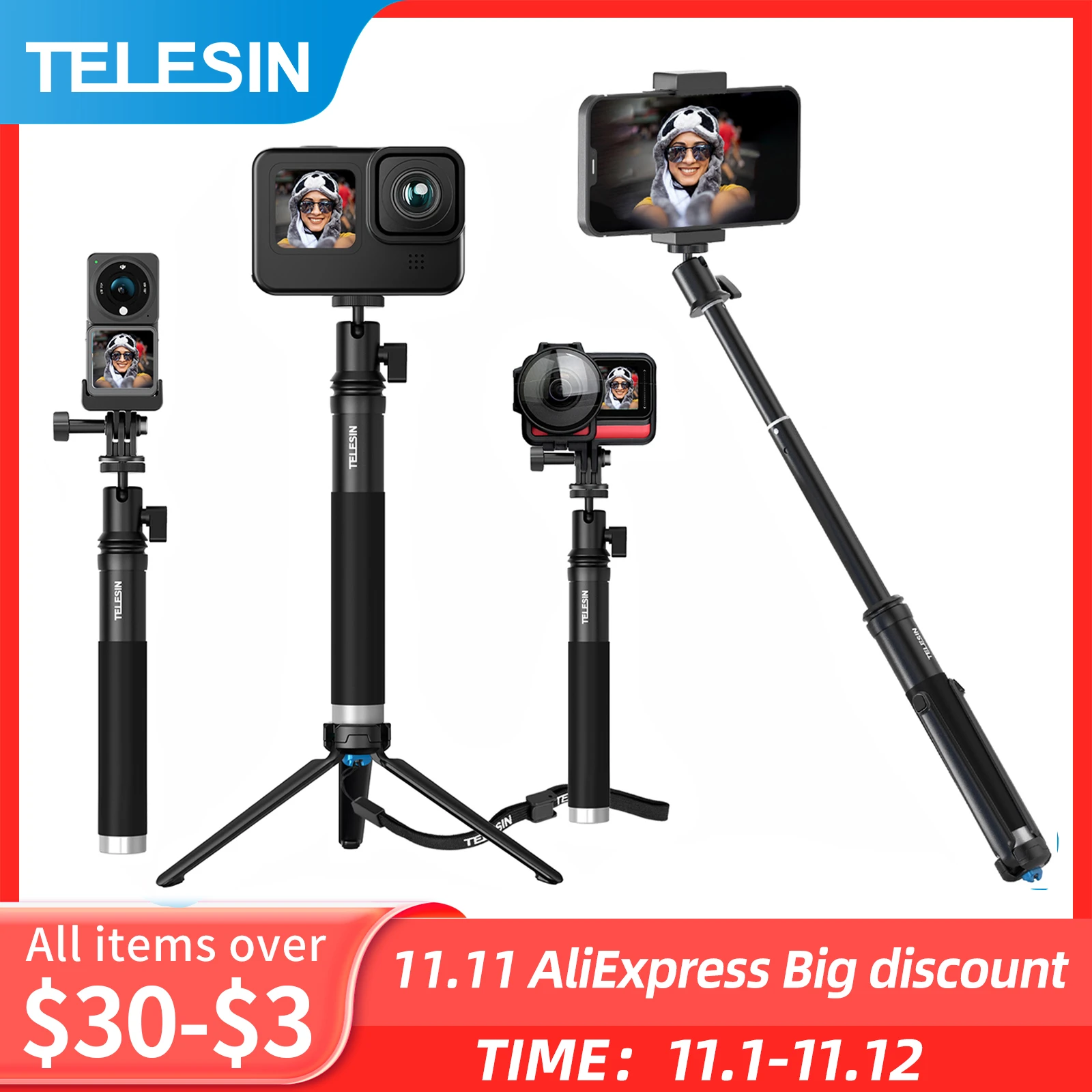 Telesin 6 In 1 Extendable Aluminum Alloy Selfie Stick 360 Rotate Detachable Tripod Mount Phone Holder For Gopro Insta360 Sjcam Selfie Sticks Aliexpress