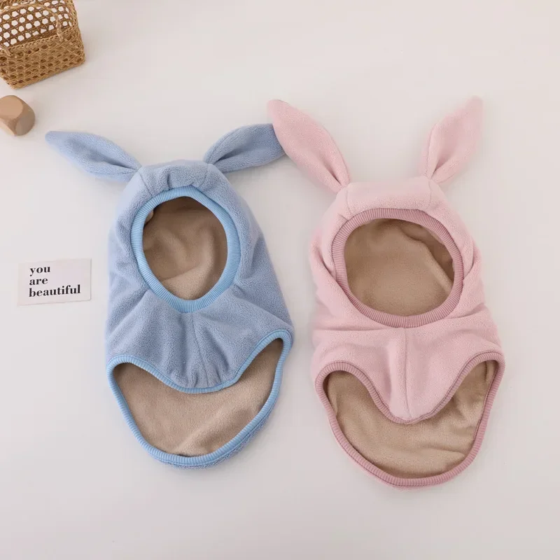 Winter Warm Rabbit Ear Children One-Piece Hat Boys Girls Ear Protection Cap Outdoor Windproof Hood Beanies Plush Balaclava Hat