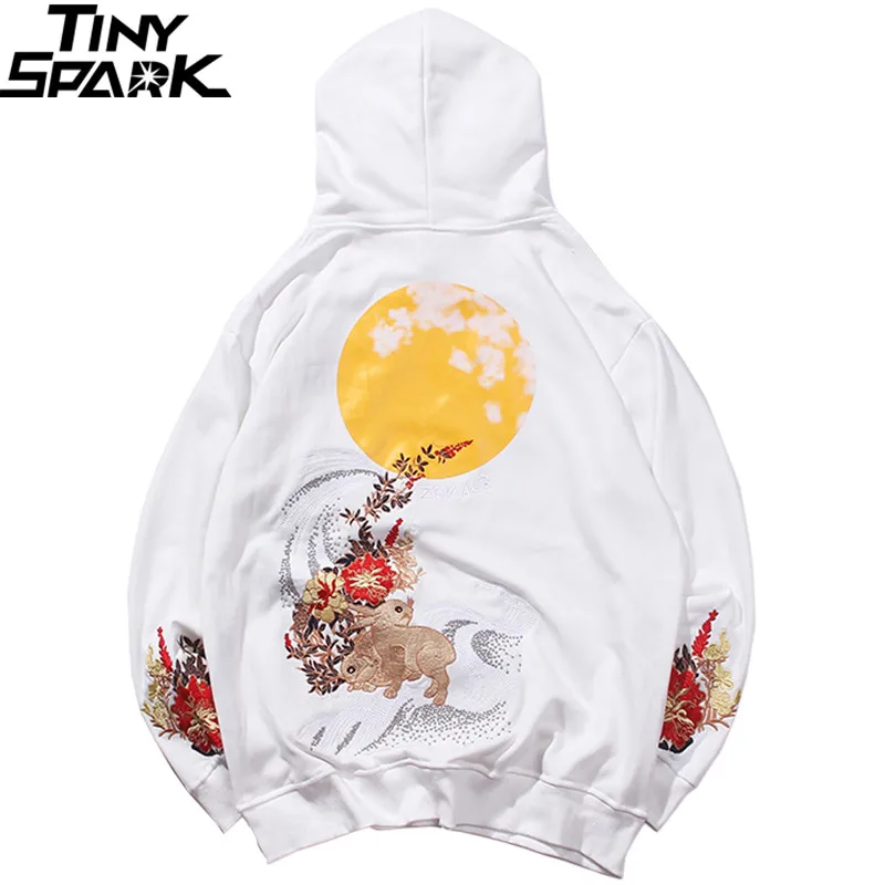 Print Hoodies Men Hip Hop Hoodie Sweatshirt Embroidered Floral Full Moon Rabbit Harajuku Streetwear Hoodie Pullover Cotton Autumn Hipster
