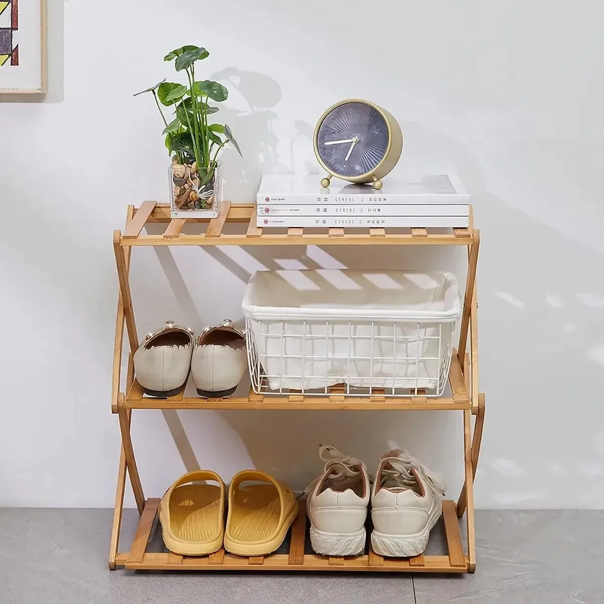 2Tiers Foldable Bamboo Shoe Rack,Multi Tier Shoe Organizer Rack