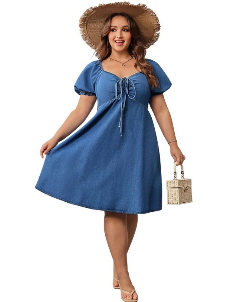 Wmstar Plus Size Denim Dresses Women Wholesale New European American Summer Short Sleeved Elastic Mid Length Dress Elegant Woman