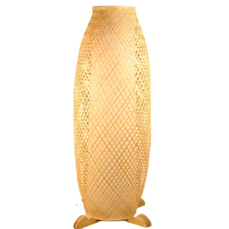 

Freestanding Bamboo Floor Lamp - Handmade Wooden Light Thai Fishing Trap Basket Natural Woven Boho Rustic