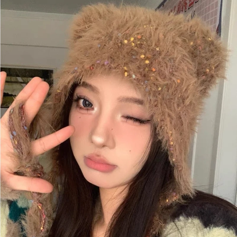 

New Korean Version of The Color Spot Strap Knitted Hat Fashion Women's Winter Warm Pullover Bear Ears Beanie Ear Hats Bonnet