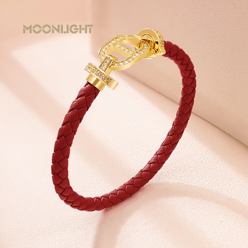 MOONLIGHT Fashion Classic Pig Nose Shape Leather Braided Bracelet for Women Cubic Zirconia Bracelet Hand-woven Jewelry Gifts - Image 2