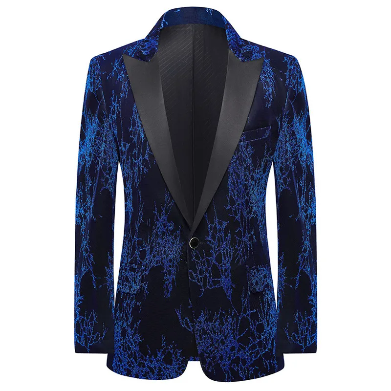 

Blue Jacquard Suit Jacket Banquet Host Wedding Groom Tuxedo Blazer Single Button Lapel Collar Slim Singer Blazers Stage Costume