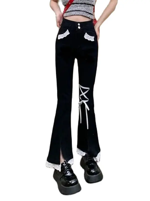 Black Vintage Fashion Flare Pants Women Patchwork Lace Elegant Designer Jeans Female Pockets Korean Casual Pants Autumn New