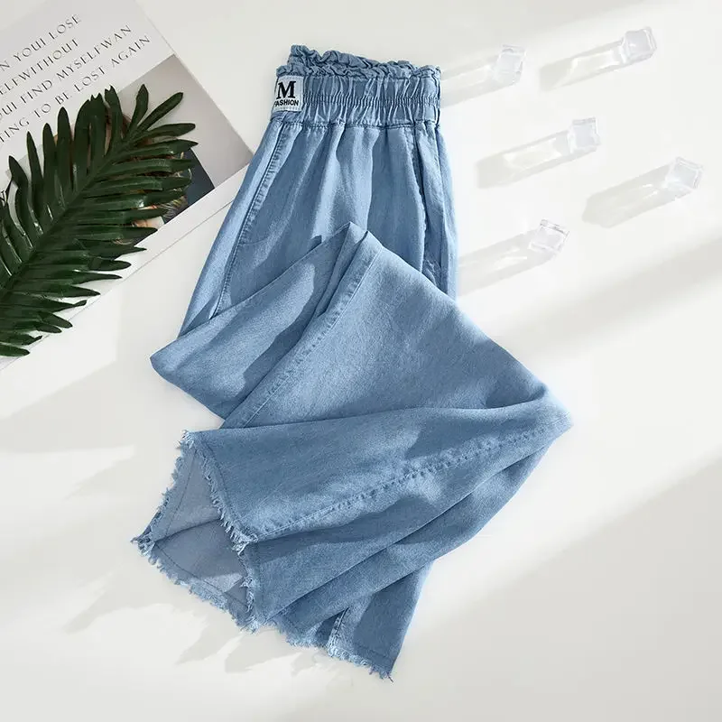 

Ankle-length Straight Leg Jeans Summer Elastic High Waist Wide Leg Denim Baggy Pants Women Oversize Pantalones Blue Vaqueros A13