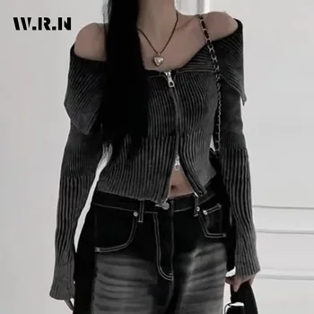 여성용 뜨게 긴팔 슬림 카디건, 섹시한 스웨터, 캐주얼 지퍼 시스, 섹시한 단색, 2023 가을 겨울
