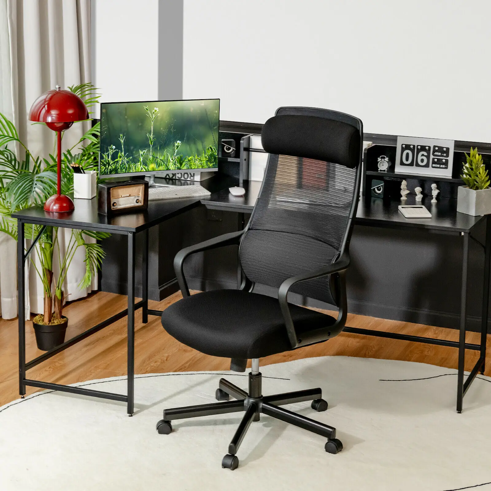 Ergonomic Desk Chair with Lumbar Support and Rocking Function-Black | Costway