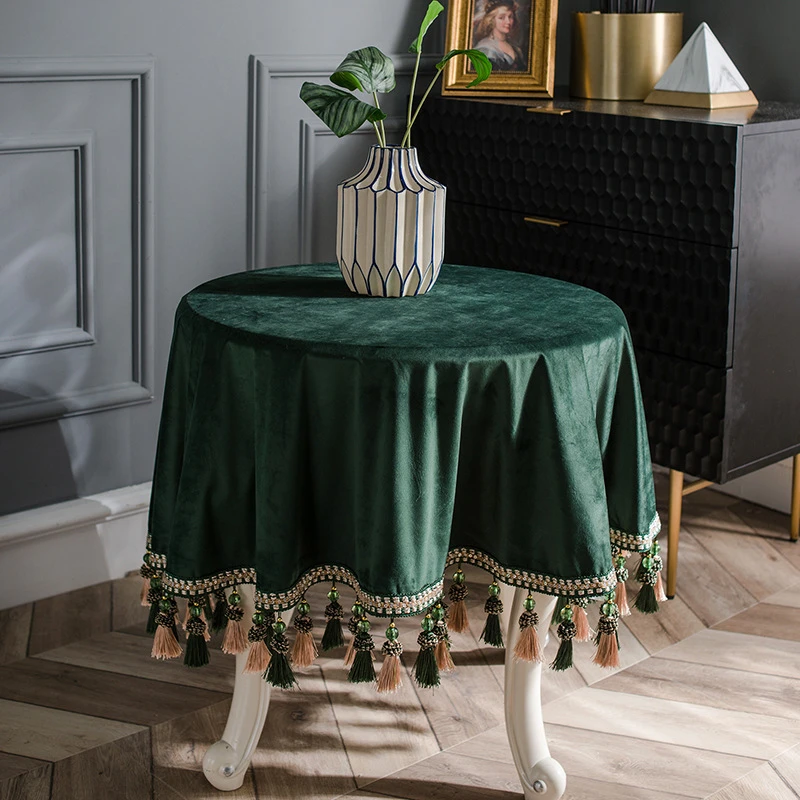 Tablecloth Fabric Round Table Tassel American Dutch Velvet Dark Green Large Round Light Luxury Coffee Table Tablecloth Custom