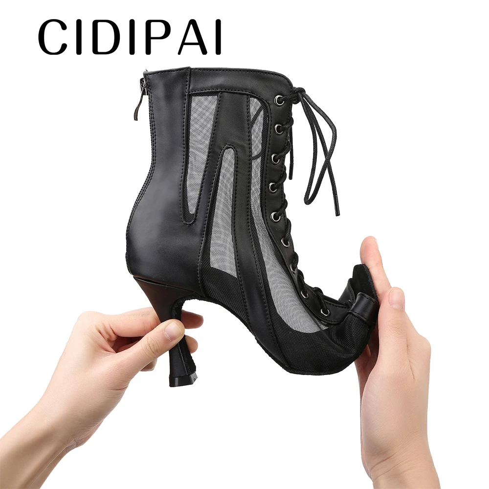Microfiber Leather Dance Shoes Female High Top Ballroom Dance Boots Woman Latin Dance Shoes Breathable Mesh Party High Heels 9CM 5