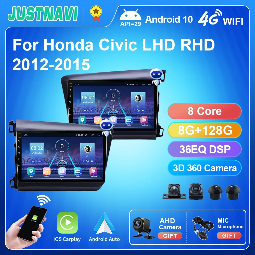 

Автомагнитола JUSTNAVI, стерео для Honda Civic LHD RHD 2012-2015, Android, Авторадио, навигация, мультимедиа, Carplay, GPS, DSP, видеоплеер