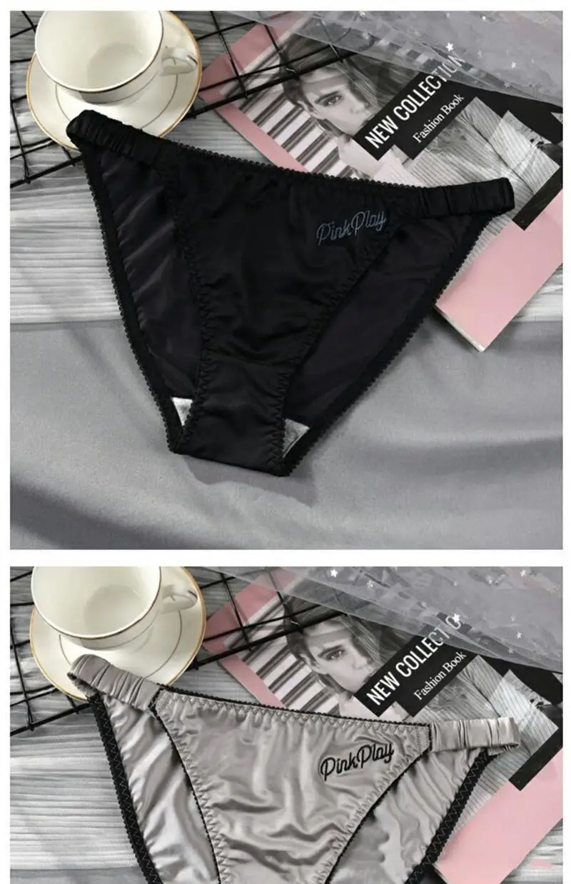 Women Satin Ice Silk Panties With Letter Embroidery Elastic Waistband Lace Trim Briefs Breathable Underpants 9