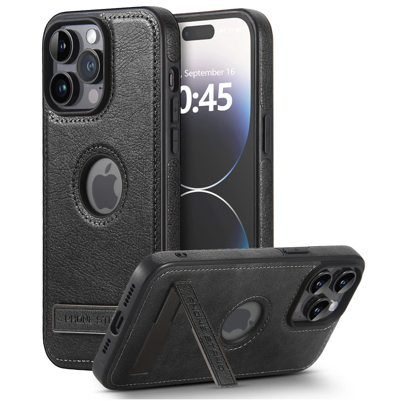 thumbnail image 1 of Luxury PU Leather Fold Bracket Holder Phone Case For iPhone 14 13 12 Pro Max 15 14 Pro Max Business Shockproof Silicone Cover, 1 of 5