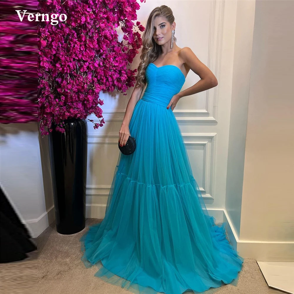 

Verngo Sky Blue Tulle Long Prom Dresses Sweetheart Tiered A Line Women Evening Gowns Floor Length Formal Event Party Dress