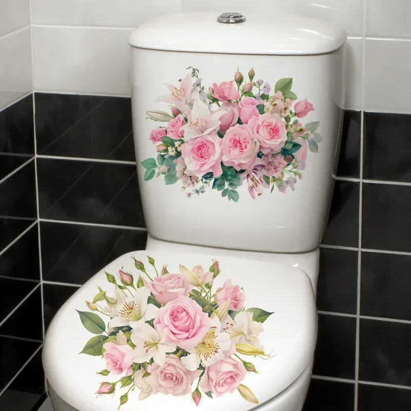 Natural Plants Pink Flower Leaf Toilet Stickers 2pcs for Home Bathroom Waterproof Self Adhesive Wall Background Stickers