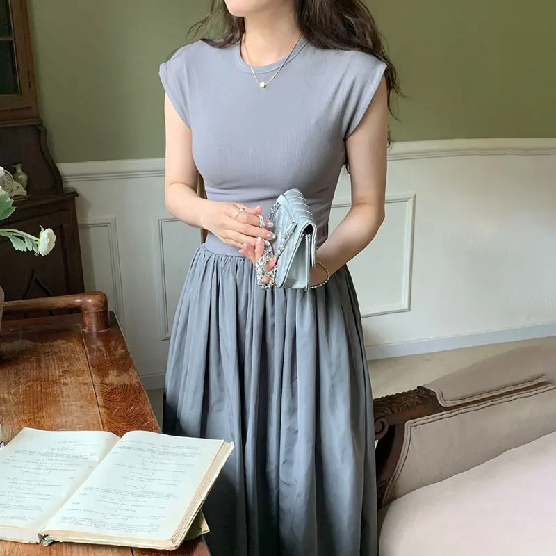

Chic Sleeveless Long Dress For Women O-neck Slim Vest Dresses Patchwork Pleated Vestidos Summer Korean Fashion Female 9590