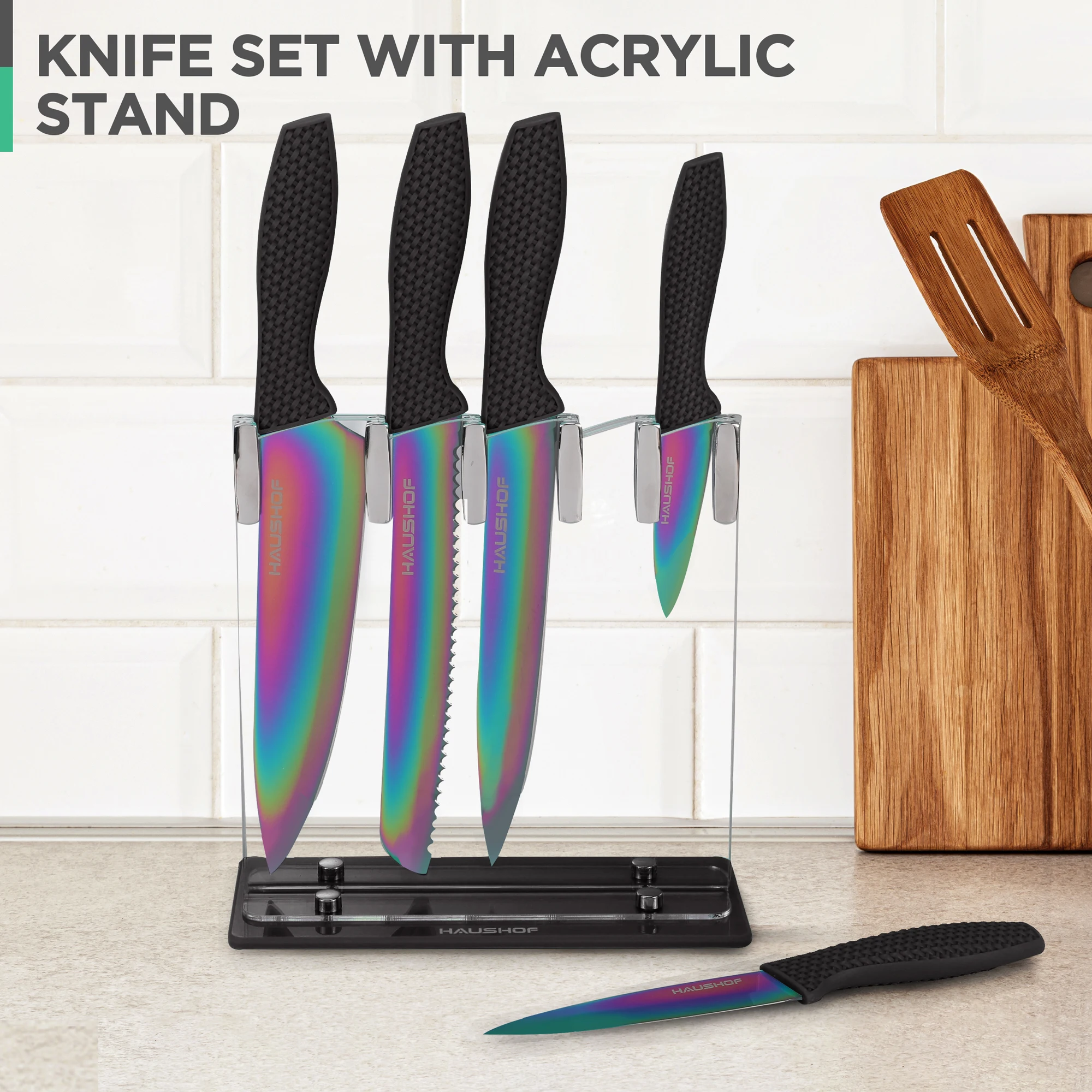 HAUSHOF Kitchen Knife Set 5 Pieces Rainbow Knife Sets with Block