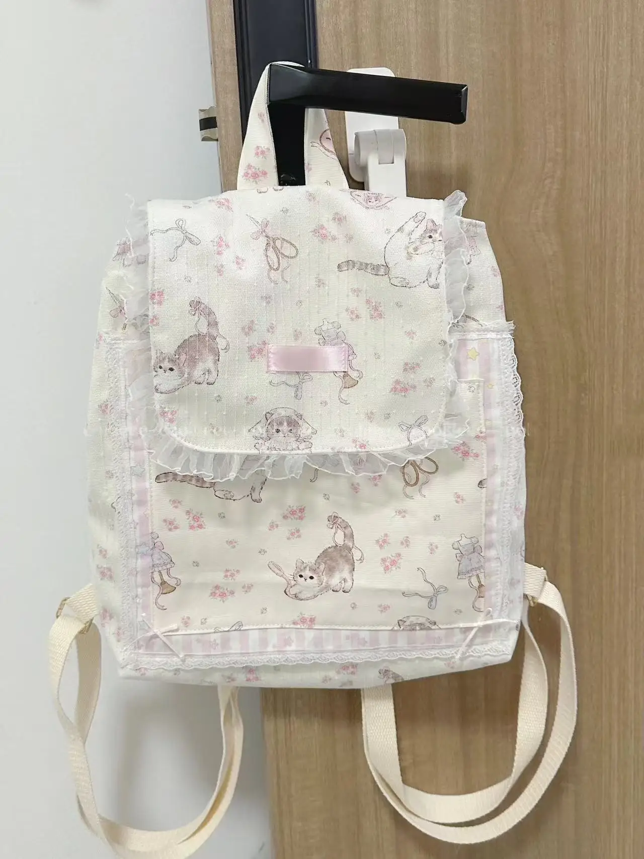 JIAERDI Sweet Cat Print Canvas Backpack Women Fairycore Aesthetic Lace Large Capacity Backpacks Girls Harajuku Kawaii Mochila