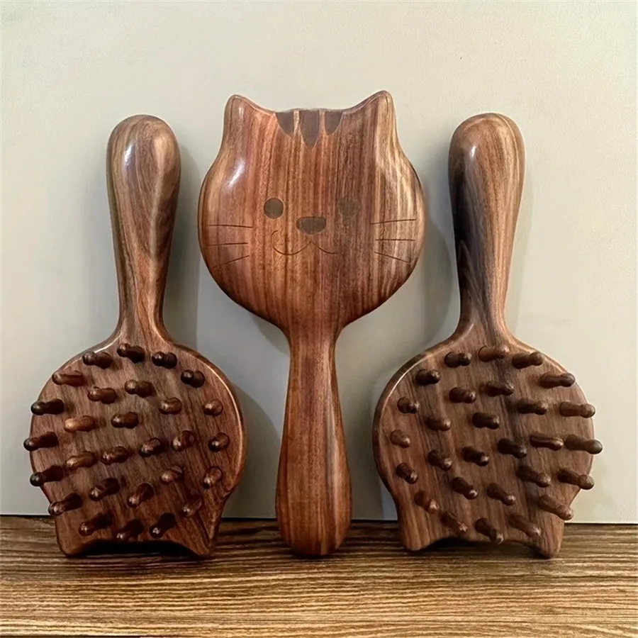 Charming Kitten Shape Solid Wood Massage Comb - Women's Air Cushion Scalp & Meridian Relief