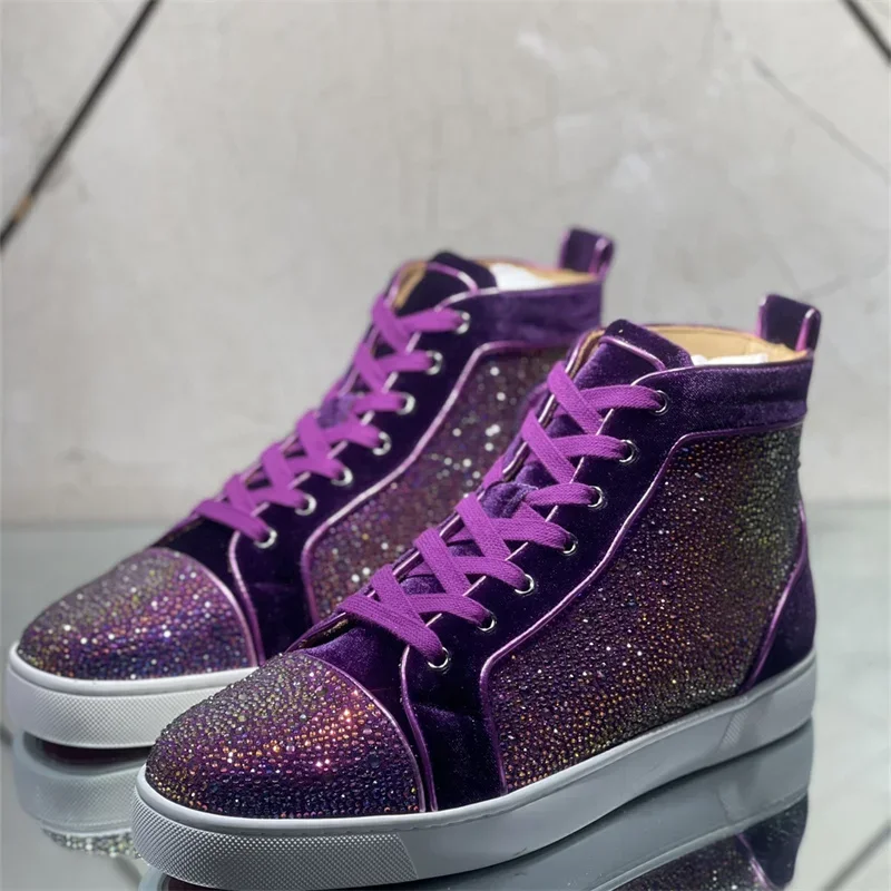 Luxury High Top Purple Diamond Crystal Red Bottoms Shoes For Men's Casual Flats Loafers Women Couple Wedding Rhinestone Sneakers 3
