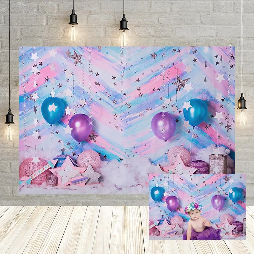 Ragazza Buon Compleanno Sfondo Decor Blu Viola Palloncino Scintillio Piccole Stelle Fotografia Sfondo Studio Fotografico Puntelli Fotofono