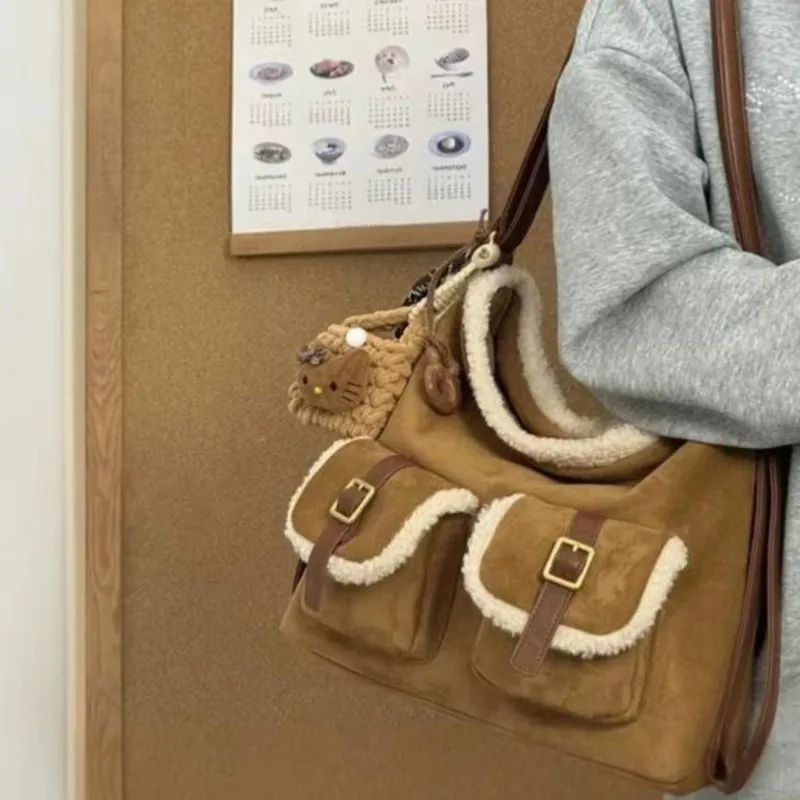Retro Faux Suede Brown Tote Bag Women Fuzzy Trim Large Capacity Shoulder Bags Ladies Stain Resistant Multi Functional Backpack