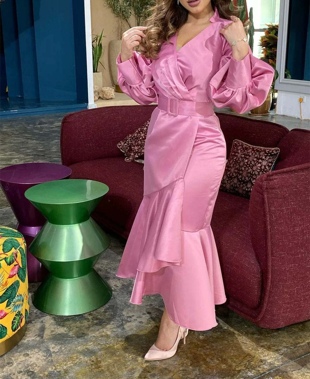 

Short Pink Satin Evening Dresses With Puff Sleeve Mermaid Tea Length Pleated فساتين سهرة Zipper Prom Dress Abendkleid for Women