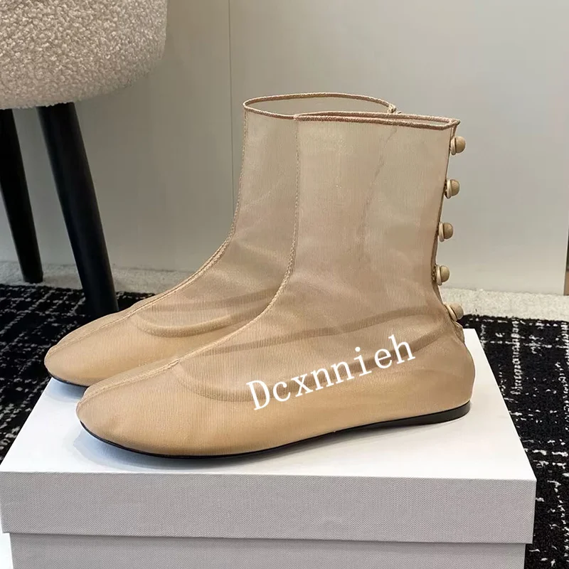 

New women's Round head mesh flat bottomed short boots breathable casual ankle boots summer comfortable button short boots women