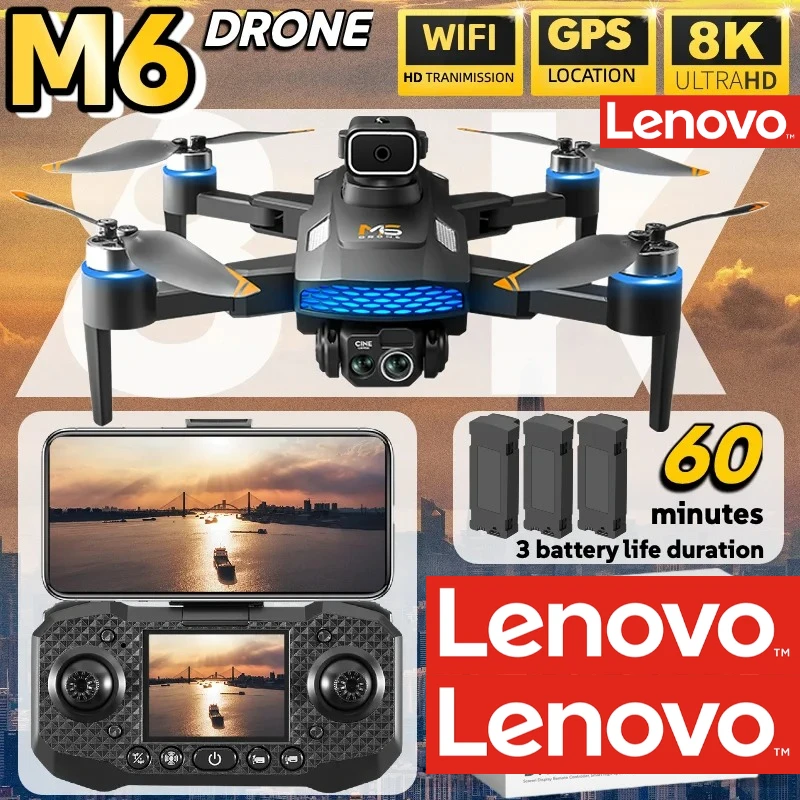 Drone Professionale Lenovo M6 con Schermo, WIFI 5G, Fotocamere HD 8K, Motore Brushless, FPV, Quadricottero RC, Elicottero UAV