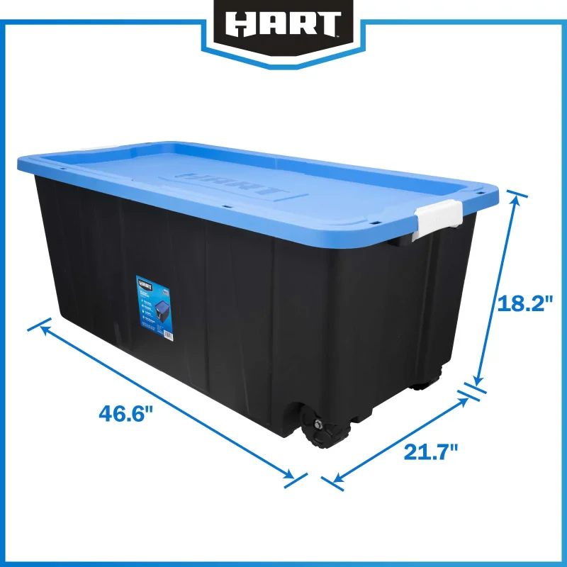 HART 50 Gallon Rolling Plastic Storage Bin Container with Pull Handle,  Black with Blue Lid, Set of 2