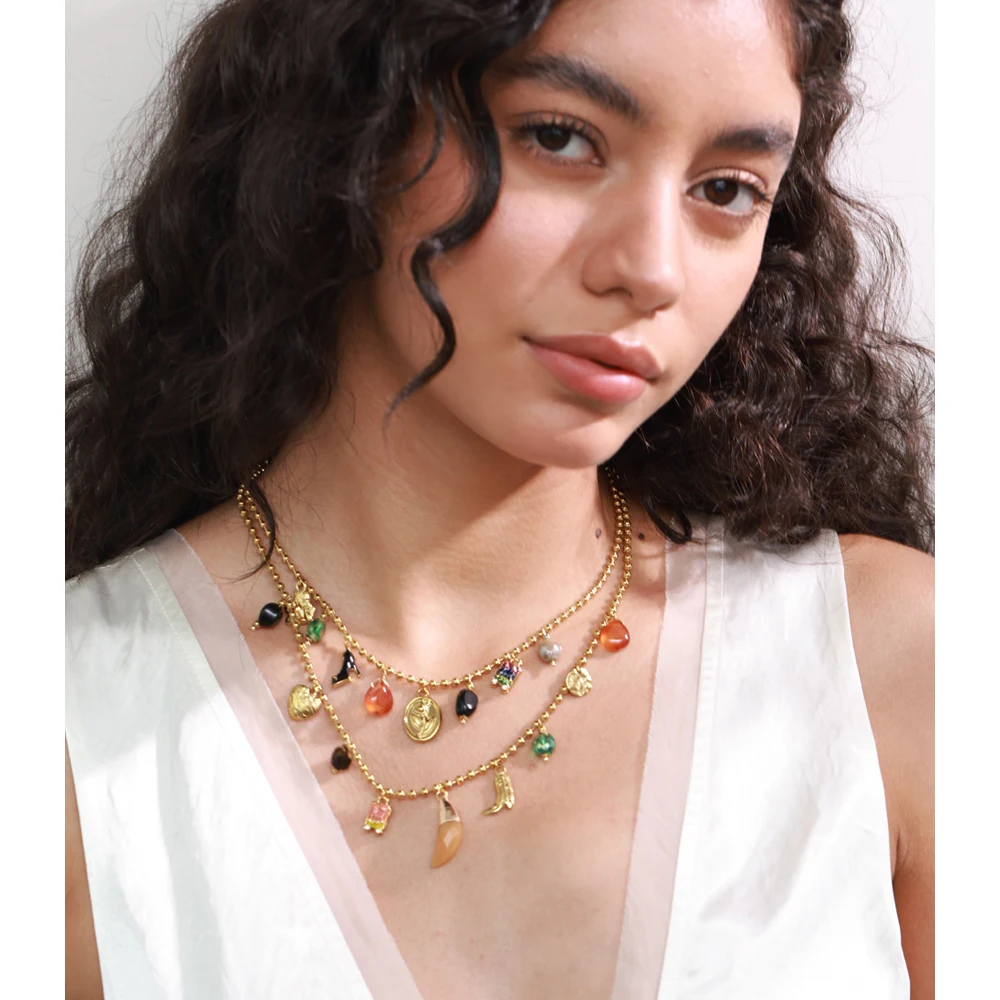 Yhpup Acrylic Heart Necklace Double-Layer Chain Jewelry