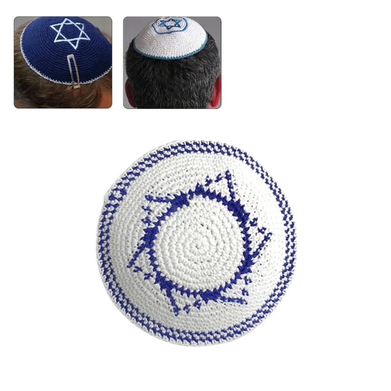 

Stylish White Kippah Hat Breathable Cotton Jewish Cap Men Women Adjustable Embroidery Yarmulke Traditional Hat for Party Props